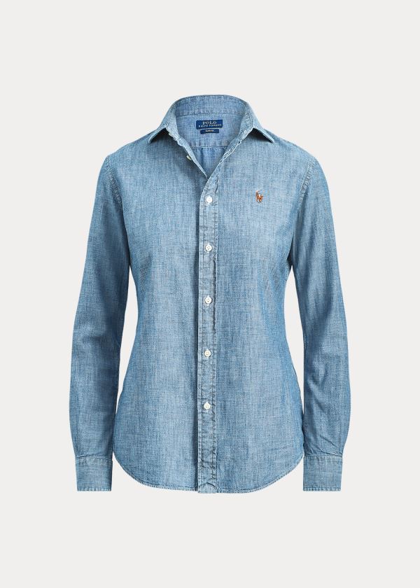 Koszule Ralph Lauren Slim Fit Chambray Shirt Damskie Niebieskie | JKFA8469