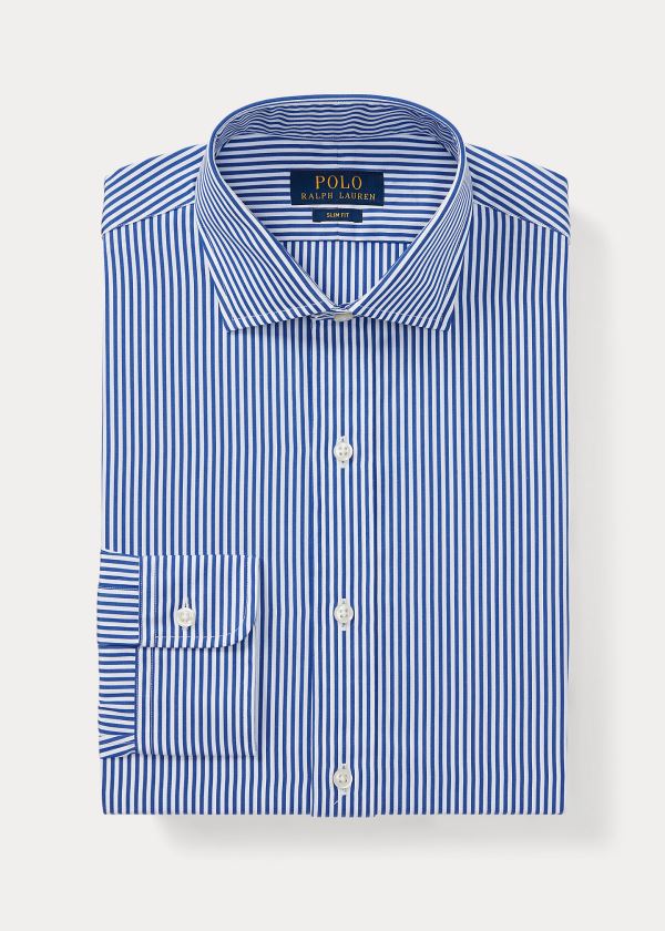 Koszule Ralph Lauren Slim Fit Cotton Dress Shirt Męskie Niebieskie Białe | QQLO5074