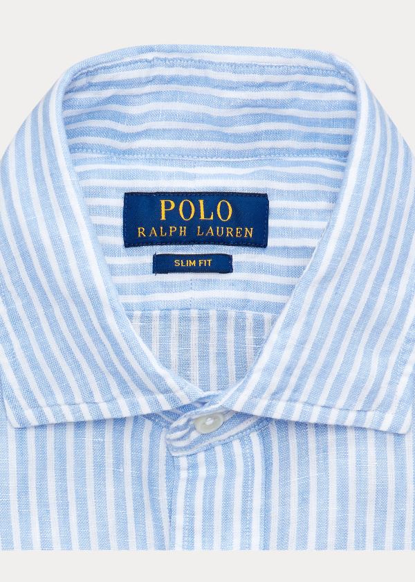 Koszule Ralph Lauren Slim Fit Striped Linen Shirt Męskie Niebieskie Białe | YUBH6966