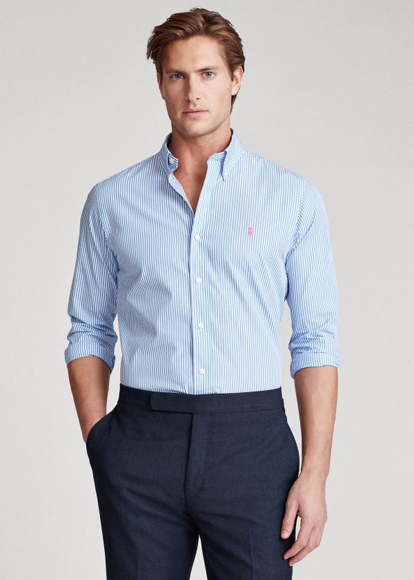 Koszule Ralph Lauren Slim Fit Striped Poplin Shirt Męskie Głęboka Niebieskie Białe | GXWB6430