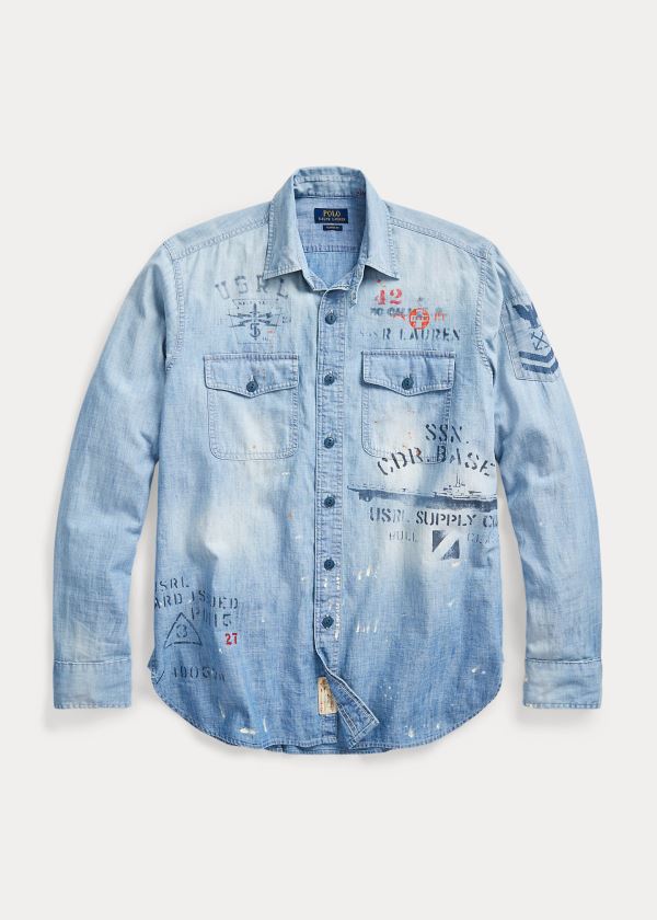 Koszule Ralph Lauren Stenciled Chambray Shirt Męskie Głęboka Niebieskie | IQFJ7212