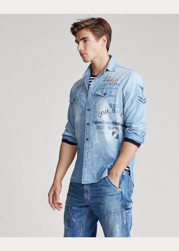 Koszule Ralph Lauren Stenciled Chambray Shirt Męskie Głęboka Niebieskie | IQFJ7212