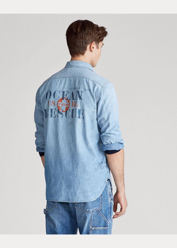 Koszule Ralph Lauren Stenciled Chambray Shirt Męskie Głęboka Niebieskie | IQFJ7212