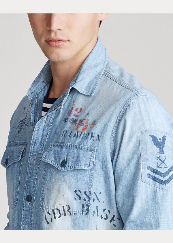 Koszule Ralph Lauren Stenciled Chambray Shirt Męskie Głęboka Niebieskie | IQFJ7212