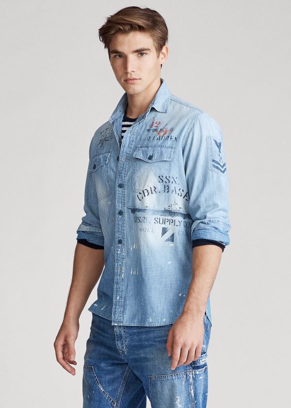 Koszule Ralph Lauren Stenciled Chambray Shirt Męskie Głęboka Niebieskie | IQFJ7212