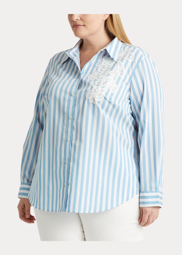 Koszule Ralph Lauren Striped Cotton Shirt Damskie Niebieskie Białe | KHMM2325