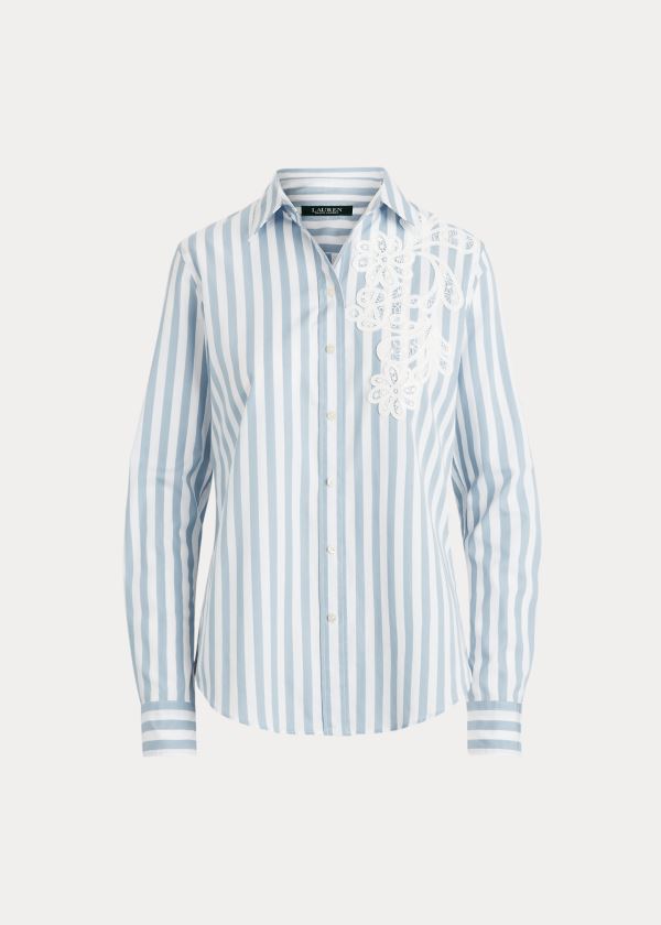 Koszule Ralph Lauren Striped Cotton Shirt Damskie Niebieskie Białe | NWPB8049