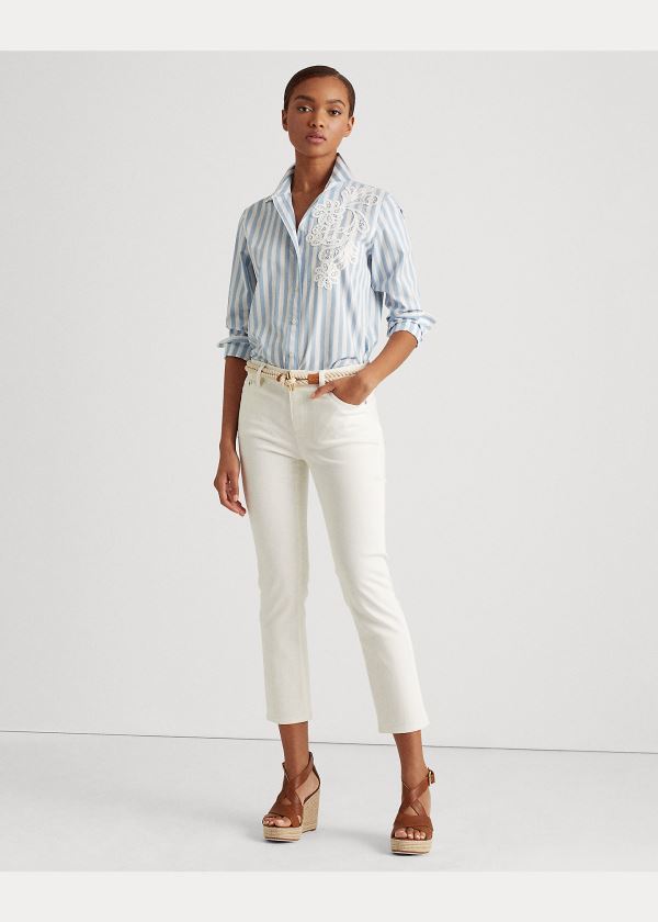 Koszule Ralph Lauren Striped Cotton Shirt Damskie Niebieskie Białe | NWPB8049