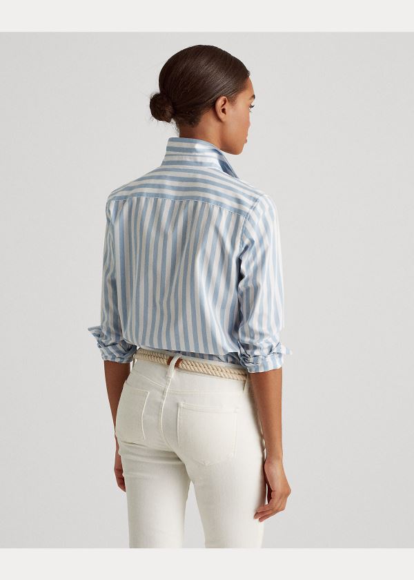 Koszule Ralph Lauren Striped Cotton Shirt Damskie Niebieskie Białe | NWPB8049