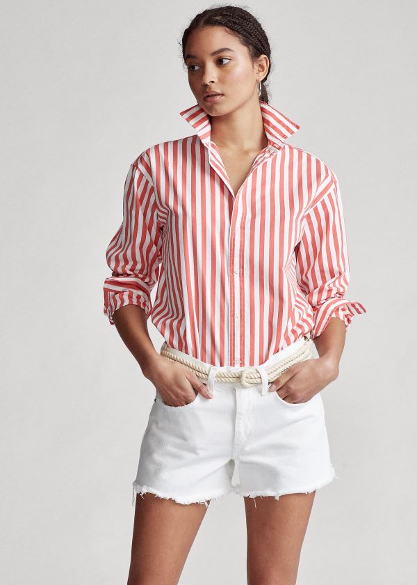 Koszule Ralph Lauren Striped Cotton Shirt Damskie Koralowe Białe | XAVY2363