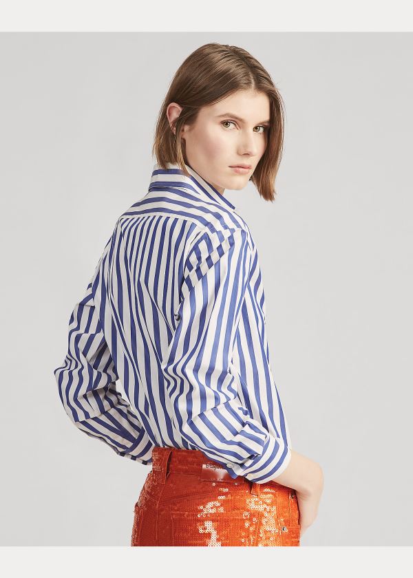 Koszule Ralph Lauren Striped Cotton Shirt Damskie Białe Niebieskie | TYBM6609