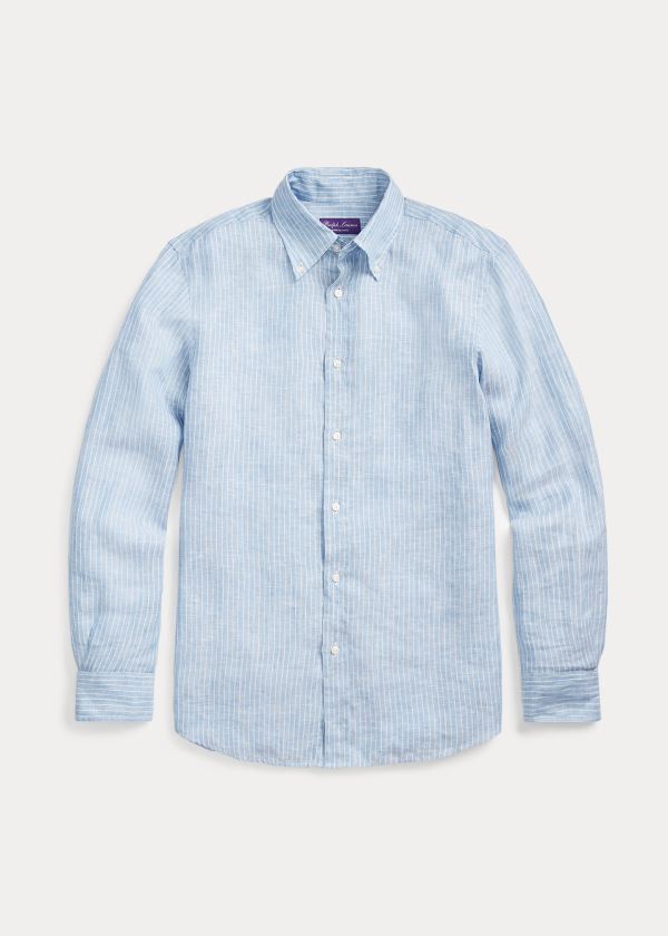 Koszule Ralph Lauren Striped Linen Chambray Shirt Męskie Niebieskie | LQTH4541