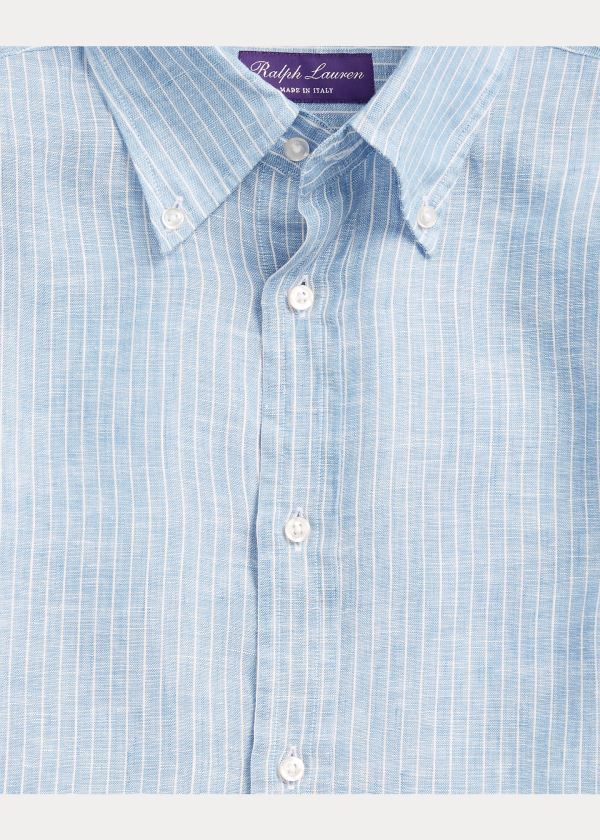 Koszule Ralph Lauren Striped Linen Chambray Shirt Męskie Niebieskie | LQTH4541