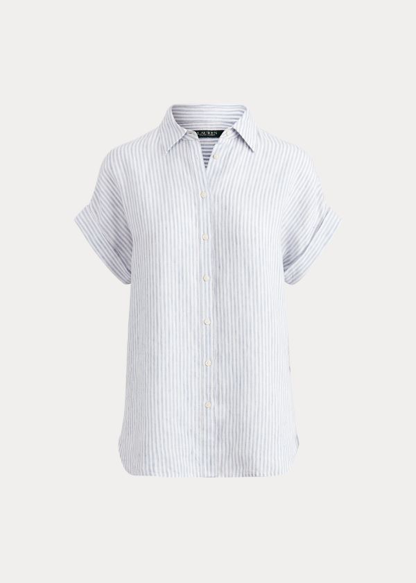 Koszule Ralph Lauren Striped Linen Shirt Damskie Niebieskie Białe | QCZY4637