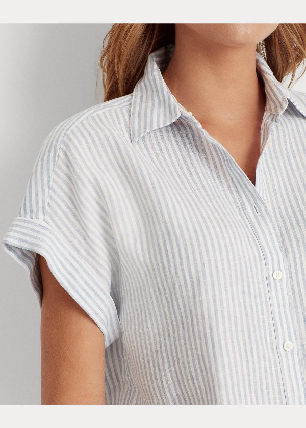 Koszule Ralph Lauren Striped Linen Shirt Damskie Niebieskie Białe | QCZY4637