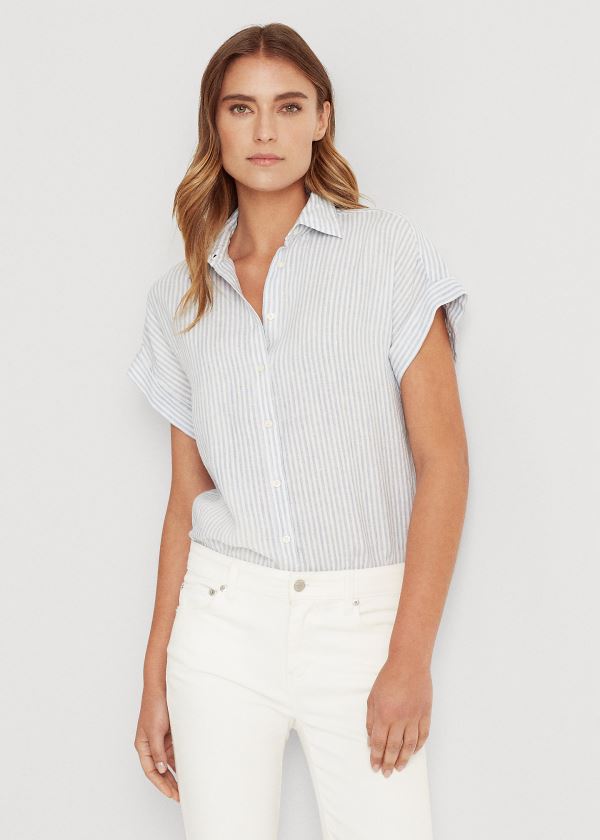 Koszule Ralph Lauren Striped Linen Shirt Damskie Niebieskie Białe | QCZY4637