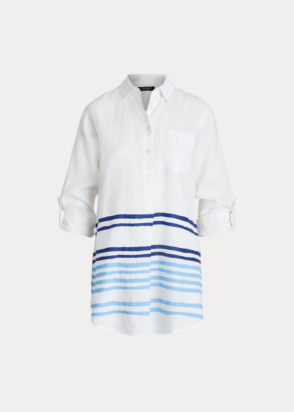 Koszule Ralph Lauren Striped Linen Shirt Damskie Białe Niebieskie Kolorowe | BZID2307