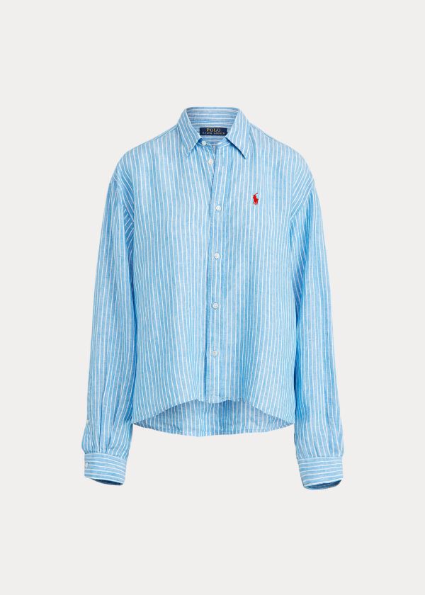 Koszule Ralph Lauren Striped Linen Shirt Damskie Niebieskie Białe | VESO7619