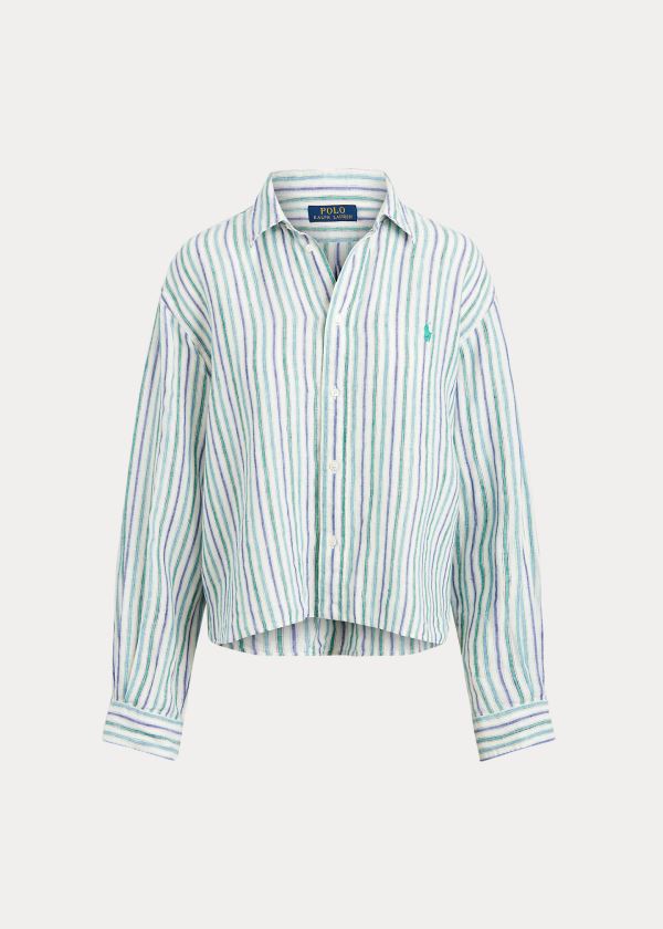 Koszule Ralph Lauren Striped Linen Shirt Damskie Niebieskie Białe | OBRJ1539