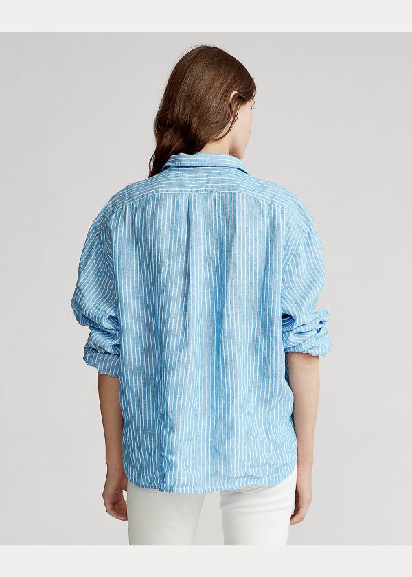 Koszule Ralph Lauren Striped Linen Shirt Damskie Niebieskie Białe | OBRJ1539