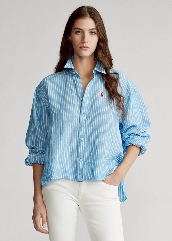 Koszule Ralph Lauren Striped Linen Shirt Damskie Niebieskie Białe | OBRJ1539