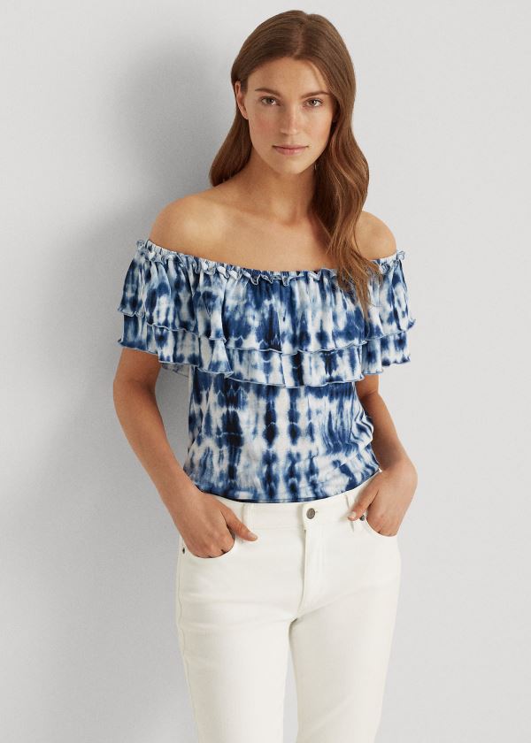 Koszule Ralph Lauren Tie-Dye Off-the-Shoulder Top Damskie Niebieskie Kolorowe | BKVY0867