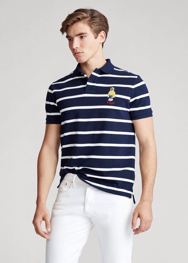 Koszulki Polo Ralph Lauren Custom Slim CP-93 Bear Polo Męskie Granatowe Białe | NUND7892