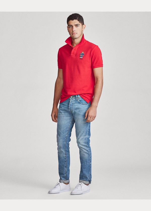 Koszulki Polo Ralph Lauren Custom Slim Fit Bear Mesh Polo Męskie Czerwone | QTIT8049