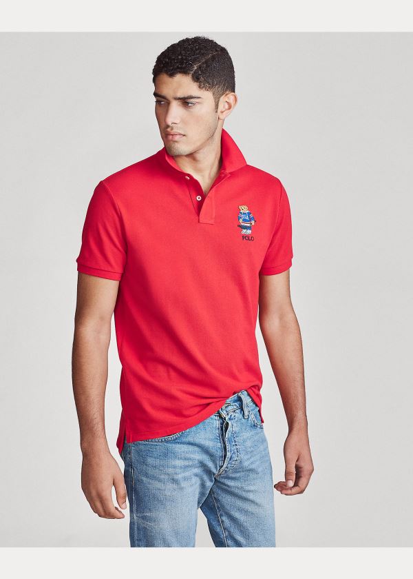 Koszulki Polo Ralph Lauren Custom Slim Fit Bear Mesh Polo Męskie Czerwone | QTIT8049