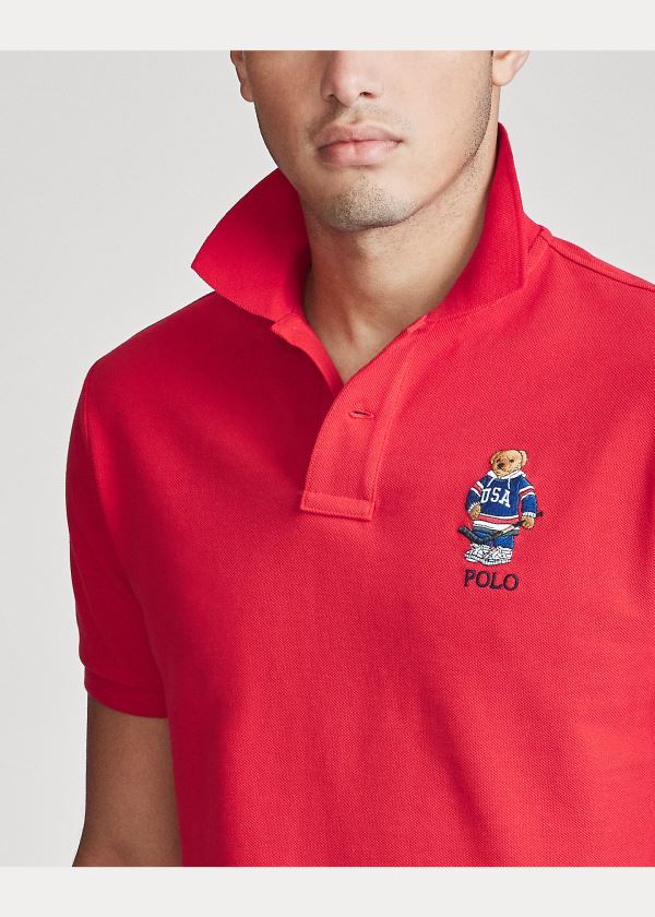 Koszulki Polo Ralph Lauren Custom Slim Fit Bear Mesh Polo Męskie Czerwone | QTIT8049