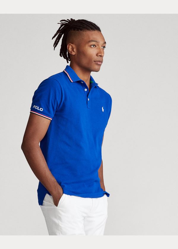 Koszulki Polo Ralph Lauren Custom Slim Fit Mesh Polo Męskie Niebieskie | EQNV7974