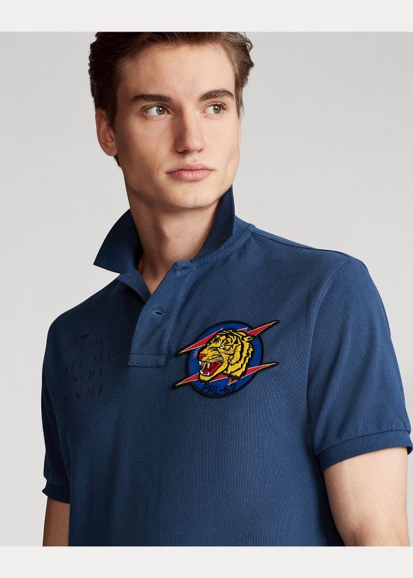 Koszulki Polo Ralph Lauren Custom Slim Fit Mesh Polo Męskie Niebieskie | OKWA6522