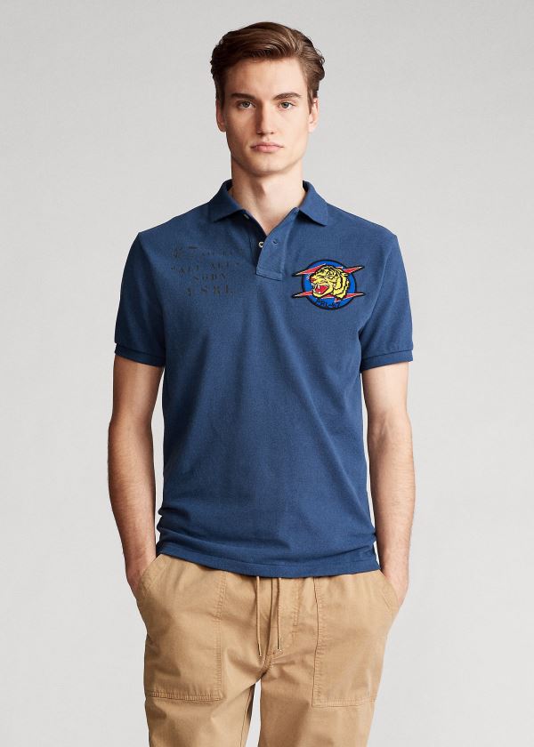 Koszulki Polo Ralph Lauren Custom Slim Fit Mesh Polo Męskie Niebieskie | OKWA6522