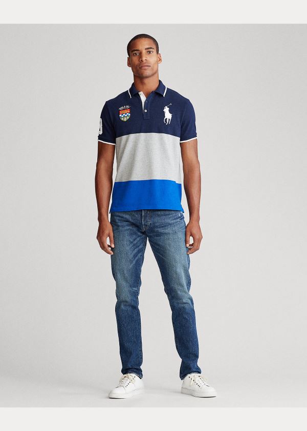 Koszulki Polo Ralph Lauren Custom Slim Fit Mesh Polo Męskie Granatowe Kolorowe | SILQ3720