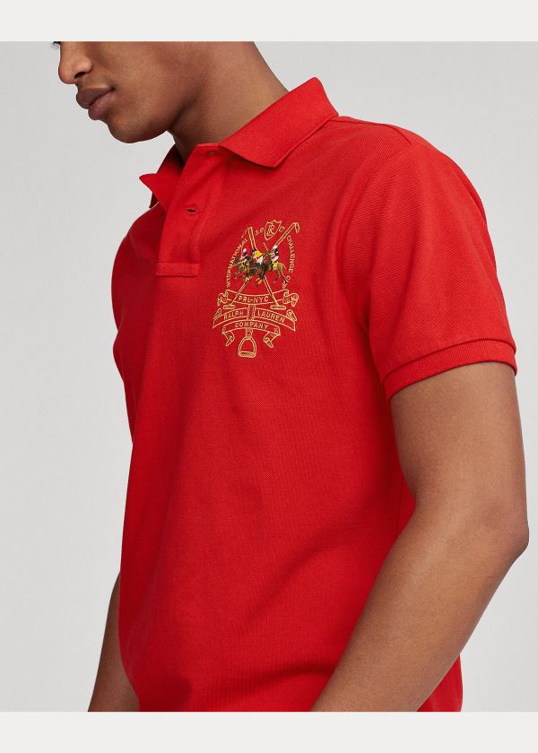 Koszulki Polo Ralph Lauren Custom Slim Triple-Pony Polo Męskie Czerwone | DXTG3343