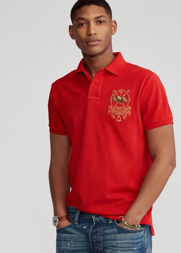 Koszulki Polo Ralph Lauren Custom Slim Triple-Pony Polo Męskie Czerwone | DXTG3343