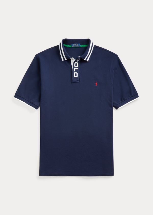 Koszulki Polo Ralph Lauren Striped-Collar Mesh Polo Shirt Męskie Granatowe | IRNC4609