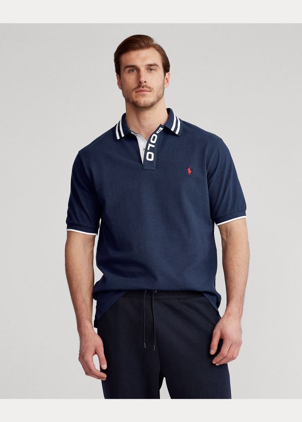 Koszulki Polo Ralph Lauren Striped-Collar Mesh Polo Shirt Męskie Granatowe | IRNC4609