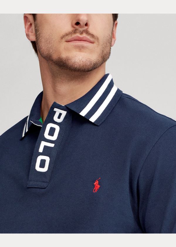 Koszulki Polo Ralph Lauren Striped-Collar Mesh Polo Shirt Męskie Granatowe | IRNC4609