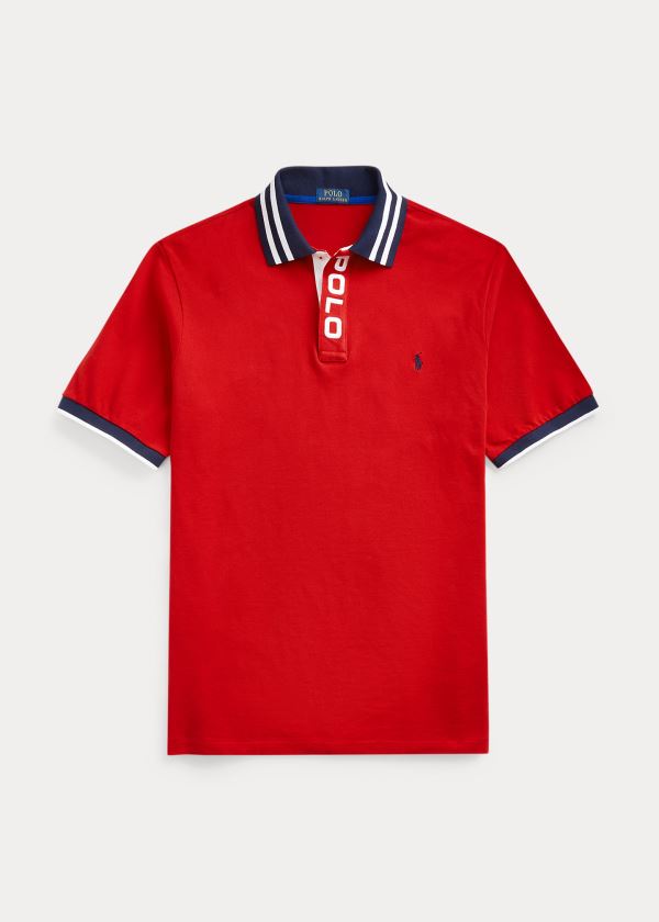 Koszulki Polo Ralph Lauren Striped-Collar Mesh Polo Shirt Męskie Czerwone | DWUV0918