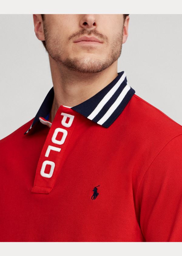 Koszulki Polo Ralph Lauren Striped-Collar Mesh Polo Shirt Męskie Czerwone | DWUV0918