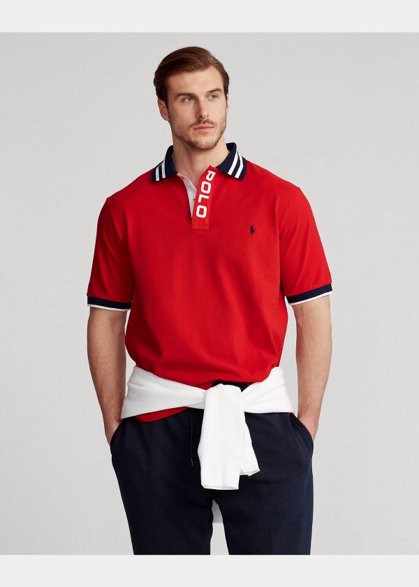 Koszulki Polo Ralph Lauren Striped-Collar Mesh Polo Shirt Męskie Czerwone | DWUV0918