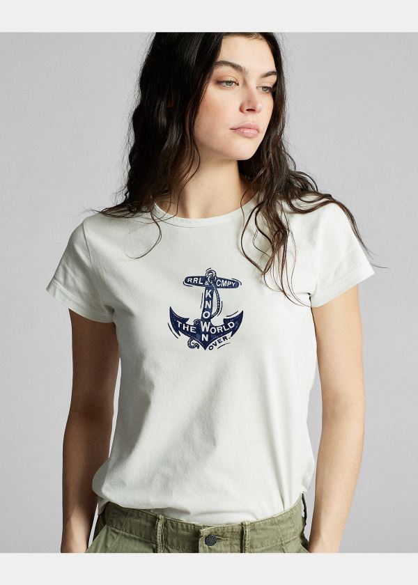 Koszulki Ralph Lauren Anchor-Graphic Cotton Tee Damskie Beżowe | OPCT1631