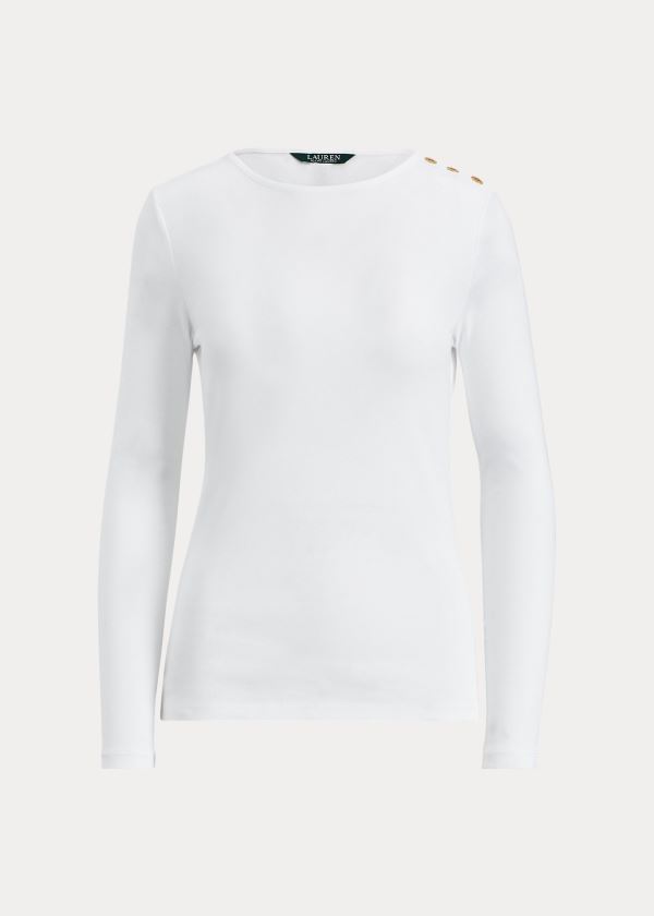 Koszulki Ralph Lauren Button-Shoulder Crewneck Top Damskie Białe | IHSI1124