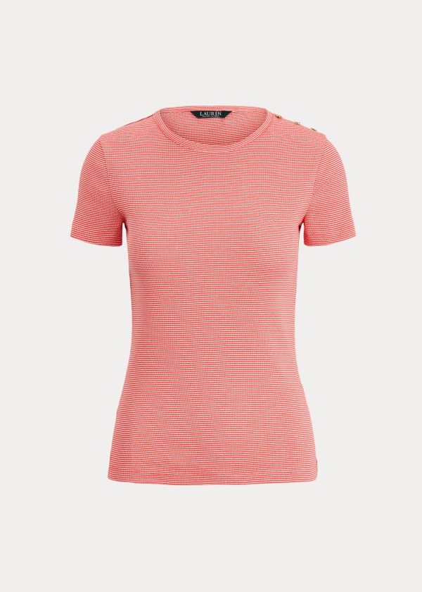 Koszulki Ralph Lauren Button-Trim Striped Cotton Top Damskie Czerwone Białe | RNIM0438