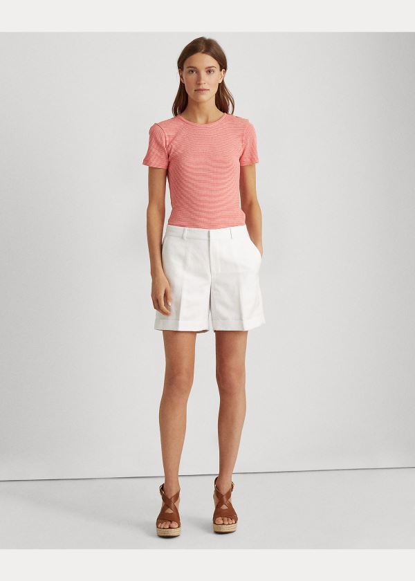 Koszulki Ralph Lauren Button-Trim Striped Cotton Top Damskie Czerwone Białe | RNIM0438