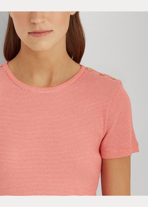 Koszulki Ralph Lauren Button-Trim Striped Cotton Top Damskie Czerwone Białe | RNIM0438