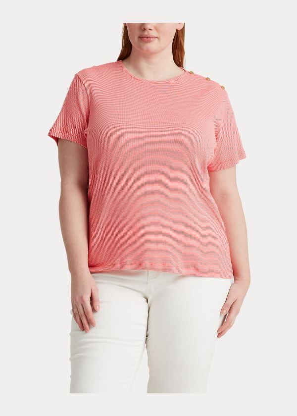 Koszulki Ralph Lauren Button-Trim Striped Cotton Top Damskie Czerwone Białe | ODEE5767