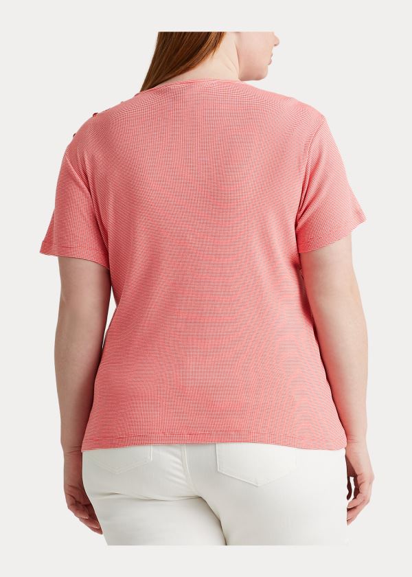 Koszulki Ralph Lauren Button-Trim Striped Cotton Top Damskie Czerwone Białe | ODEE5767