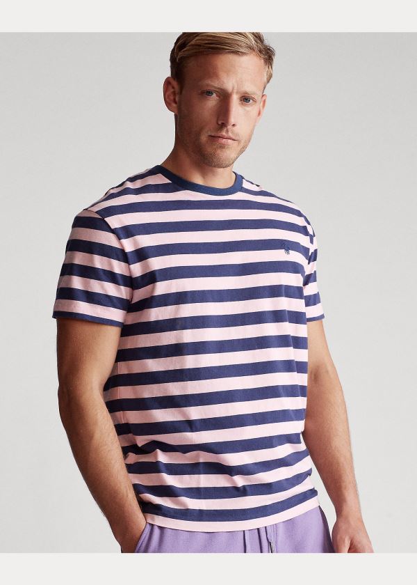 Koszulki Ralph Lauren Classic Striped Jersey T-Shirt Męskie Granatowe Różowe | UJER3379